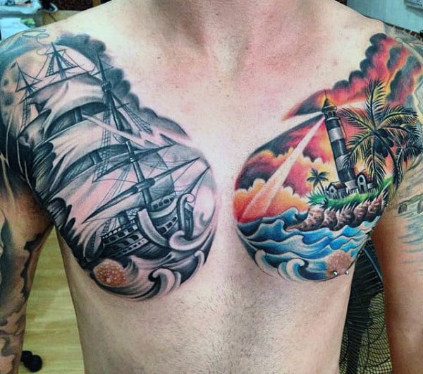 Beach Lighthouse Tattoo For Men On Chest