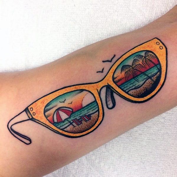 Beach Scene Glasses Mens Arm Tattoo
