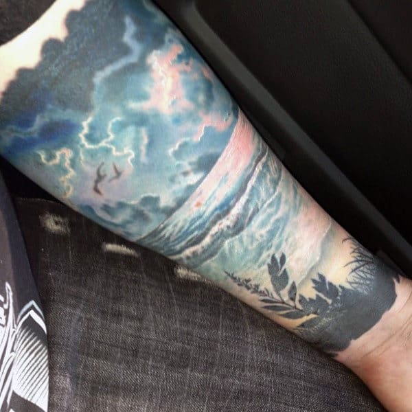 Beach Shore Superbolt Lightning Tattoo Ideas For Men On Forearm