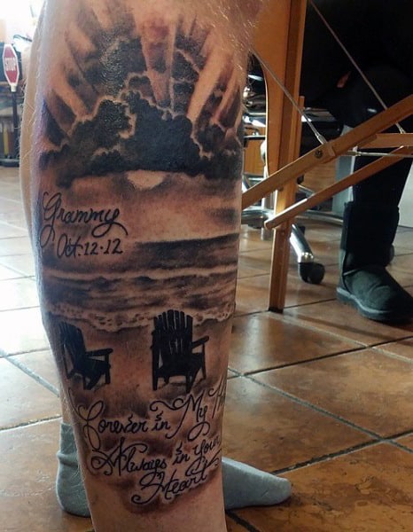 Beach Themed Tattoo For Men On Lower Leg