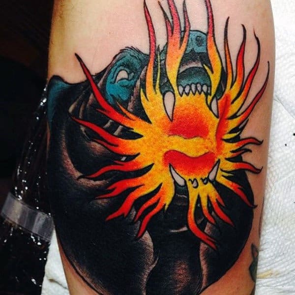 Bear Flame Tattoos On Bicep For Men