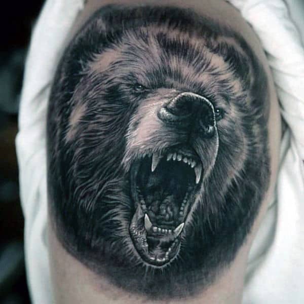 Bear Growling Awesome Mens Upper Arm Tattoo With Shaded Black And White Ink