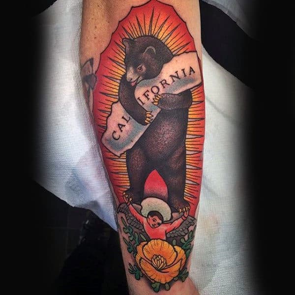 Bear Hugging California Banner Mens Old School Forearm Tattoos