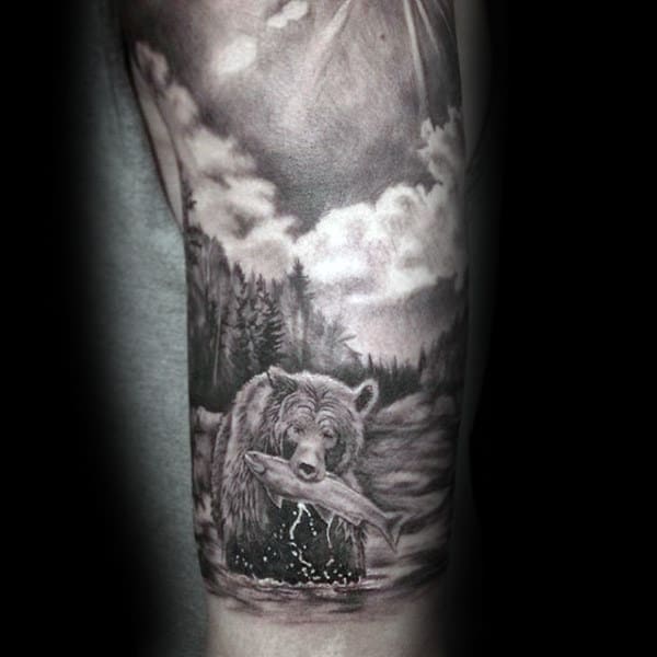 Bear Hunting Fish Landscape Male Shaded Arm Tattoos