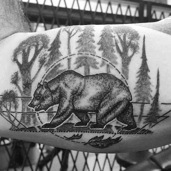 Bear In Forest Mens California Bicep Tattoo