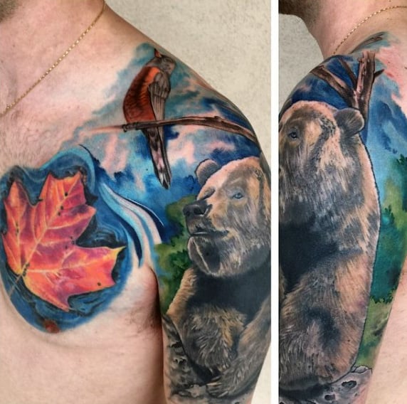 Bear Maple Leaf Watercolor Mens Arm And Chest Tattoo
