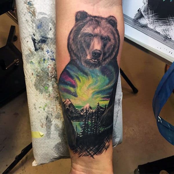 Bear Northern Lights Outdoors Mens Inner Forearm Tattoos