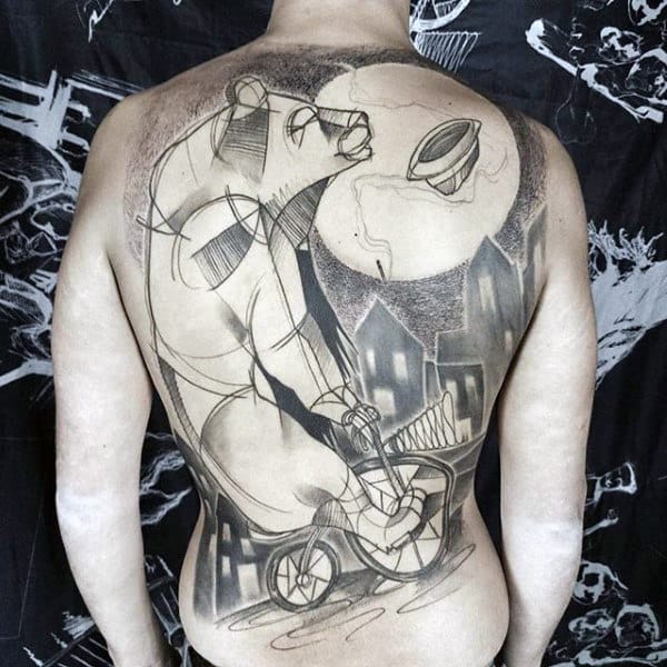 Bear Riding Bicycle Original Mens Sketched Full Back Tattoo