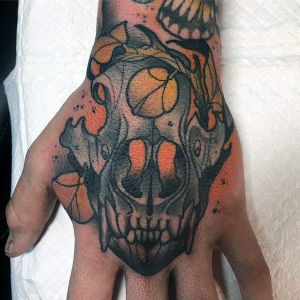 Bear Skull Mens Neo Traditional Tattoo On Hand
