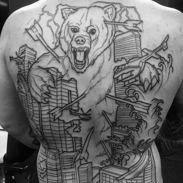 Bear With Arrows And Skyline Mens Full Back Tattoos