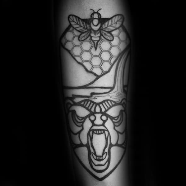 Bear With Bee Mens Forearm Tattoo Ideas