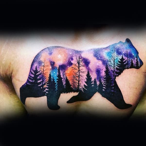 Bear With Black Ink Pine Tree And Stary Sky Male Ches Tattoo