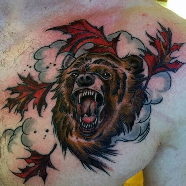 Bear With Clouds Chest Masculine Mens Leaves Tattoos Designs
