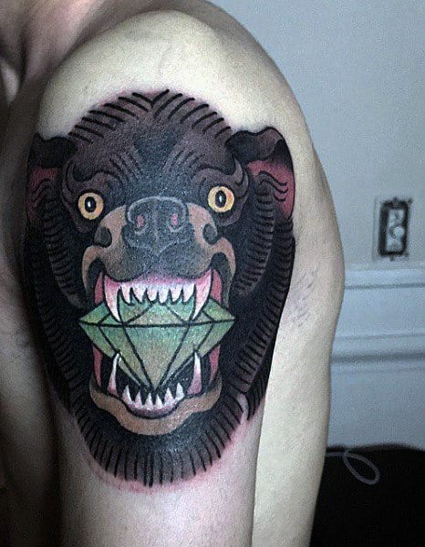 Bear With Green Diamond In Mouth Mens Upper Arm Tattoo Design Ideas