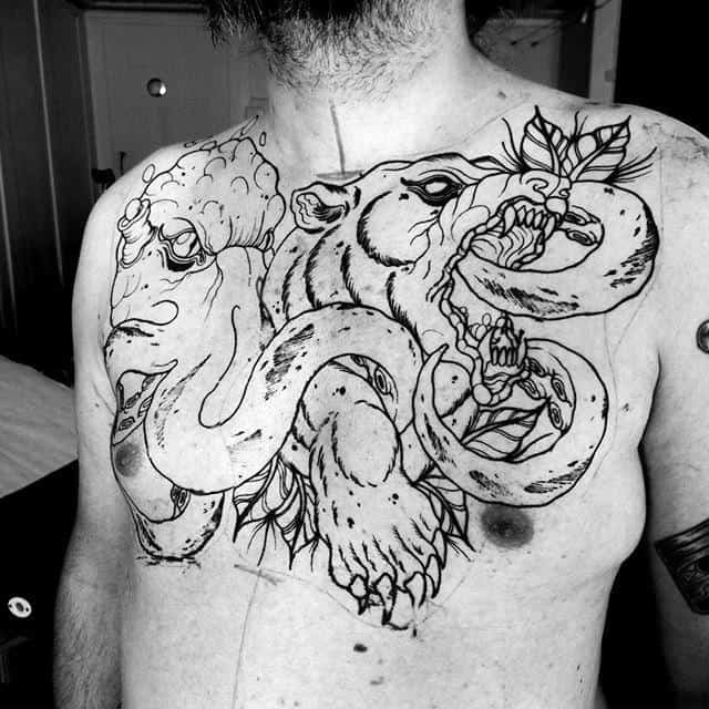 Bear With Kraken Cool Claw Upper Chest Tattoo On Gentleman