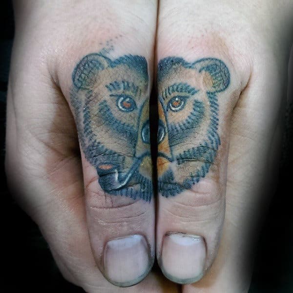 Bear With Pipe Thumb Tattoos For Guys
