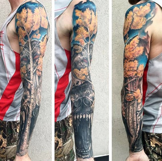 Bear With Trees Mens Fall Themed Full Sleeve Tattoos