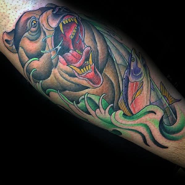 Bear With Trout Mens Old School Leg Tattoos