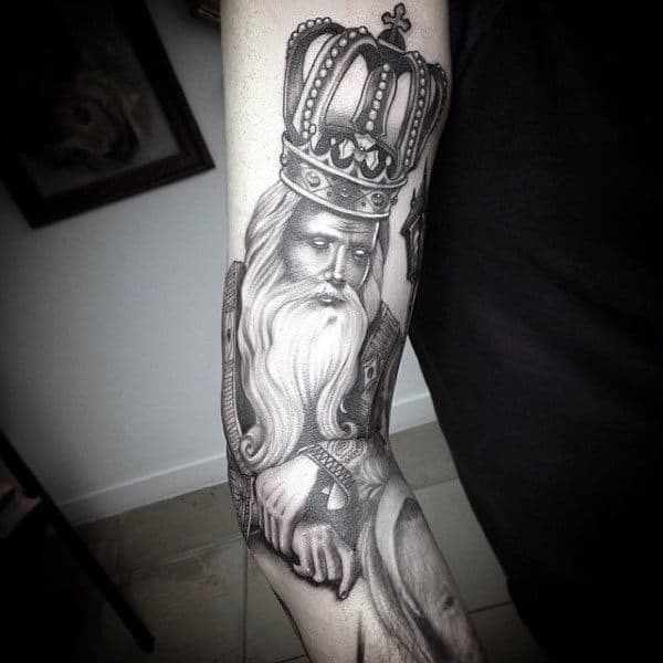 Bearded Man With British Crown Tattoo On Forearms For Men