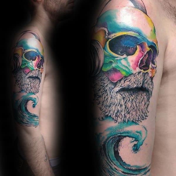 Bearded Skull With Ocean Wave Guys Unusual Colorful Arm Tattoos