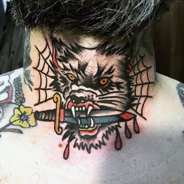 Throat tattoo of a fierce wolf with piercing eyes, biting a bloodied dagger, framed by spiderwebs for a bold and aggressive design