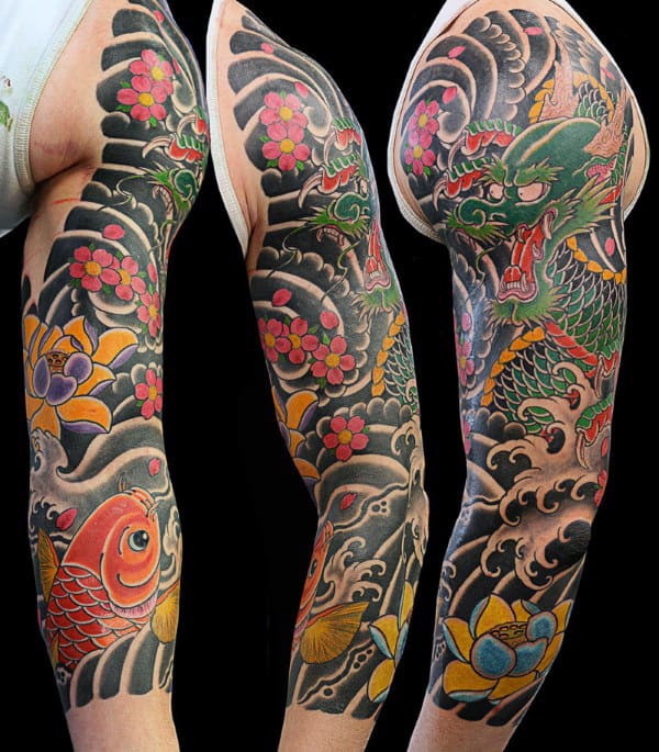 Beast And Fish Japanese Sleeve Tattoo Males