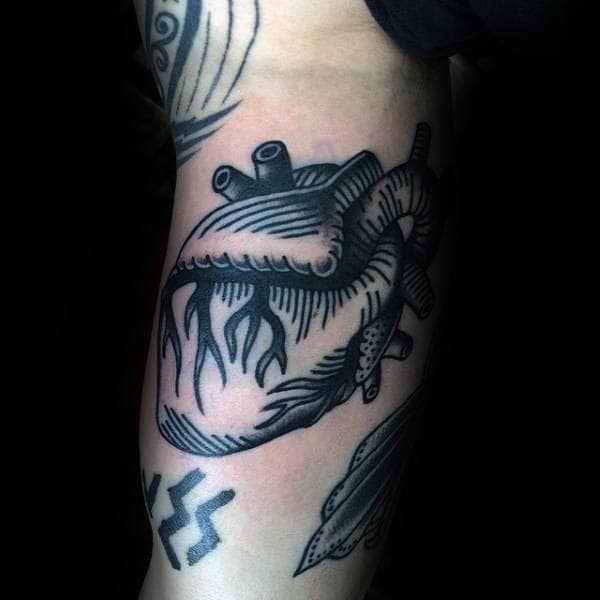 Beating Heart Guys Black Ink Old School Traditional Arm Bicep Tattoos