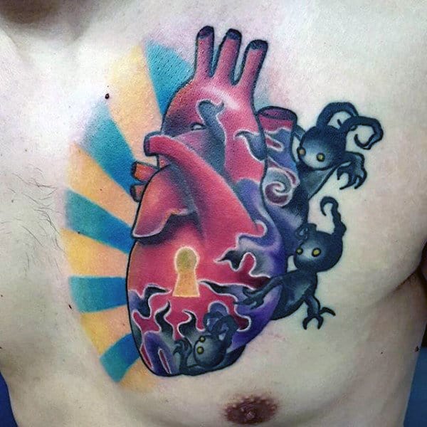 Beating Heart Mens Keyhole Chest Tattoos