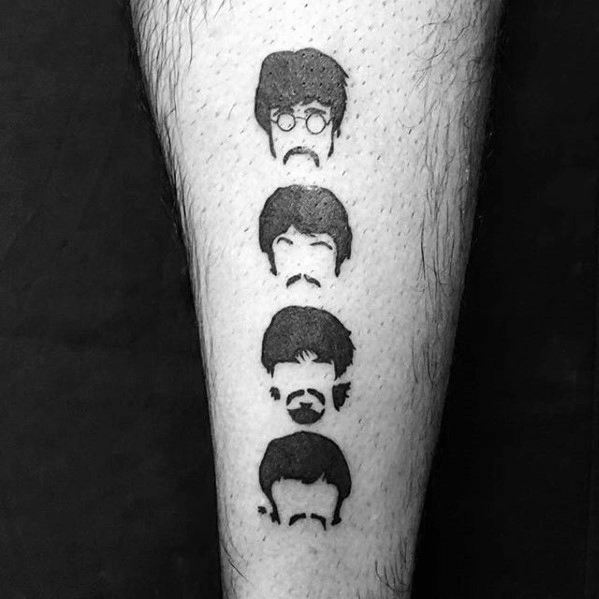 Minimalist tattoo of The Beatles’ faces stacked vertically, using only distinct hairstyles, mustaches, and glasses for recognizable silhouettes.