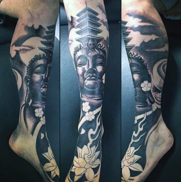 Beautiful Charcoal Colored Buddhism Tattoo On Legs Sleeve For Males