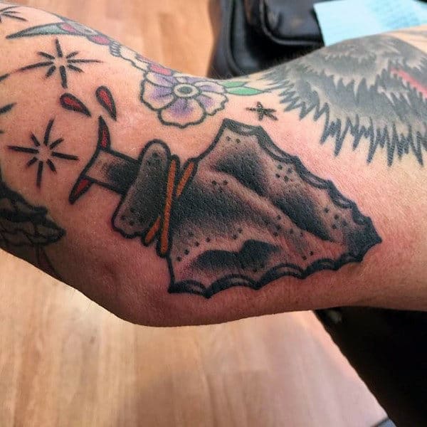 Beautiful Dotted Arrrowhead Tattoo On Elbows Guys