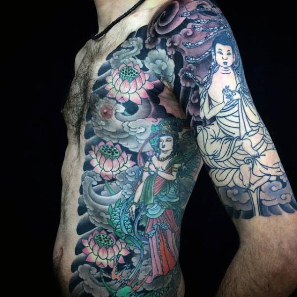 Beautiful Eastern Buddhist Myth Tattoo On Torso And Arms For Men