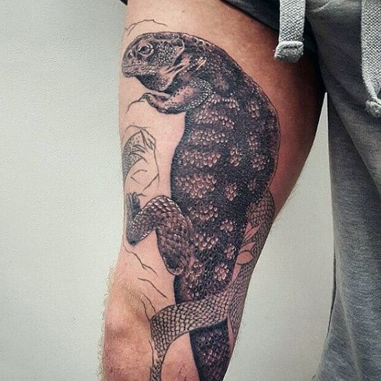 Beautiful Grey Shaded Lizard Tattoo On Legs For Guys