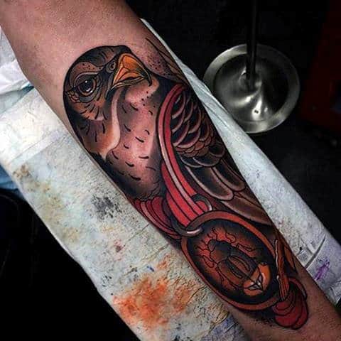 Beautiful Hawk With Scarab Beatle Tattoo For Men Half Sleeve