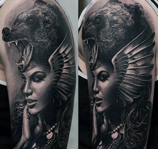 Beautiful Lady With Bear Head Dress Tattoo Black And White Male Arms