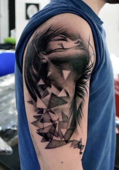 Beautiful Lady With Triangular Patterns Tattoo On Arms For Men