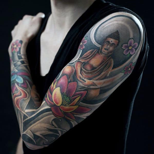 Beautiful Lotus Buddha Religious Tattoo Male Sleeves