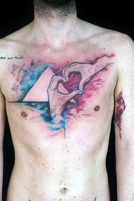 Beautiful Love Symbol Watercolor Tattoo On Chest For Males
