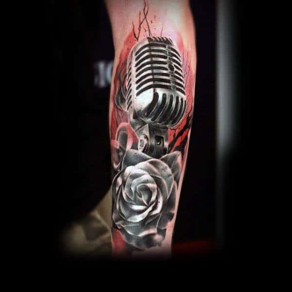Beautiful Microphone And Rose Tattoo Mens Forearms