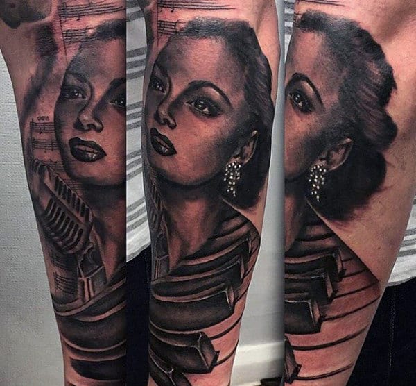 Beautiful Musical Lady Tattoo On Arms For Men