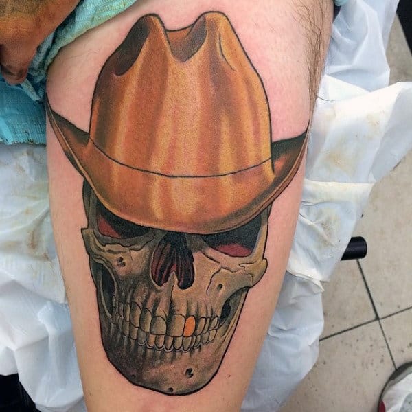 Beautiful Neo American Illustrative Skull Gold Tooth Cowboy Hat Thigh Tattoo For Guys