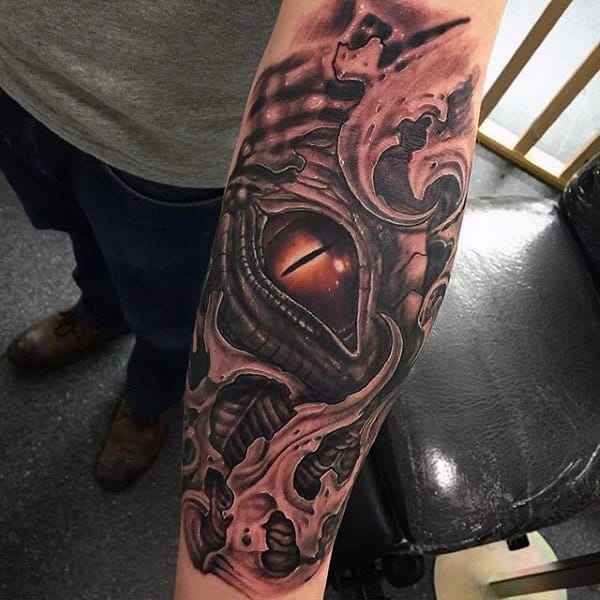Beautiful Orange Red Eye Tattoo Mens Forearms