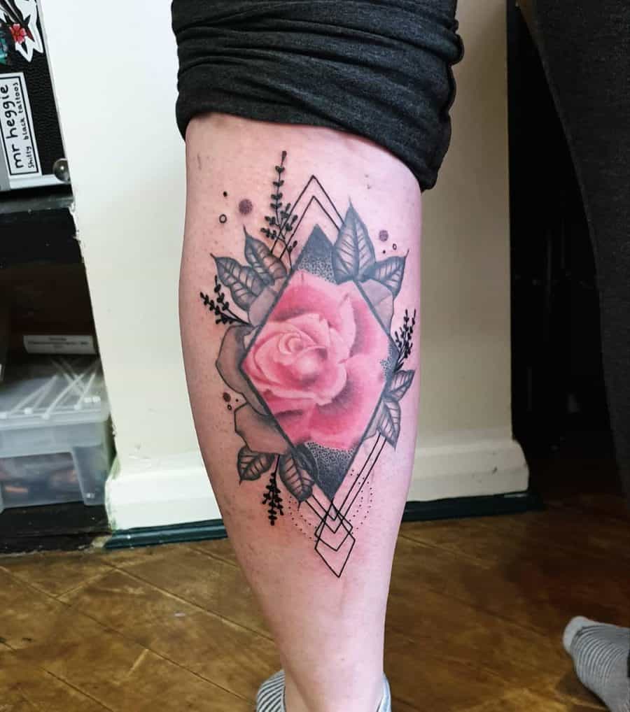 Leg tattoo featuring a pink rose framed by geometric shapes and fine line floral details, blending realism with modern artistic elements.