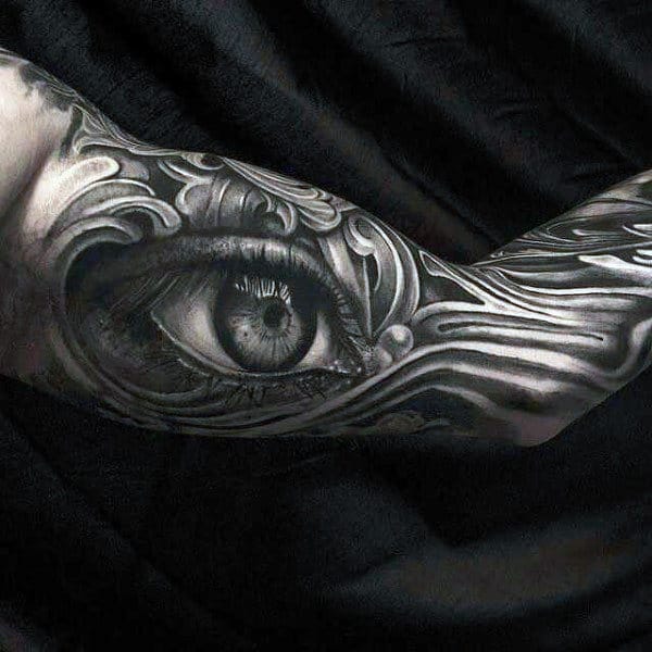 Beautiful Realistic Grey Shaded Eye Tattoo Mens Sleeves