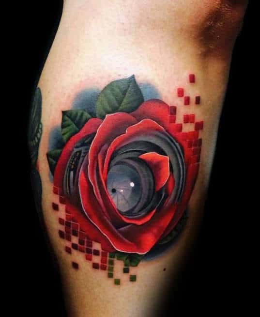 Beautiful Rose And Camera Lens Tattoo Forearms For Male