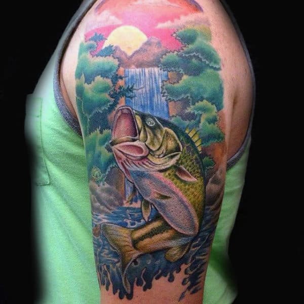 Beautiful Vibrant Half Sleeve Nature Tattoo With Bass For Guys