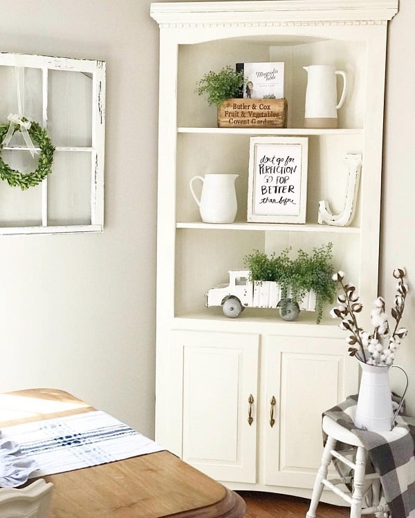 white corner cabinet open shelving 