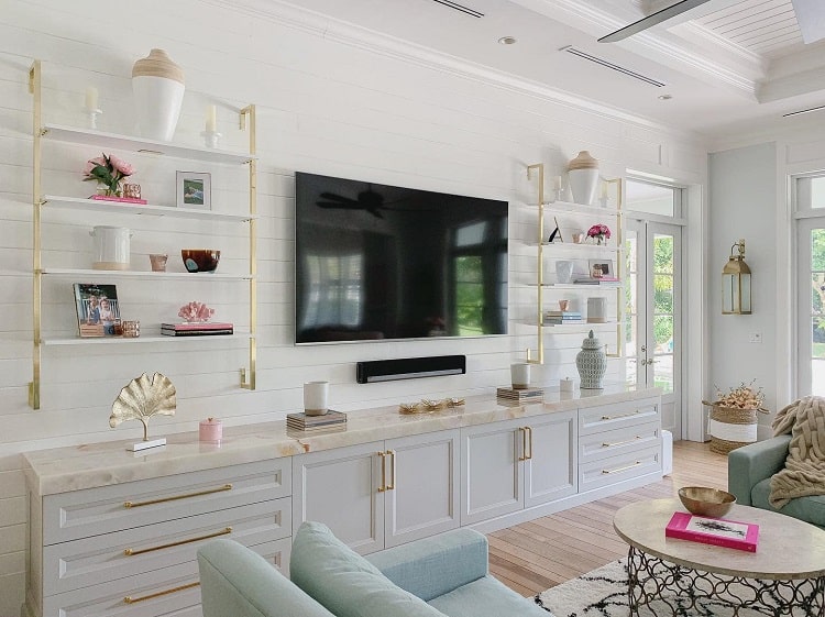 beautiful white floating entertainment center gold accents wall mounted tv