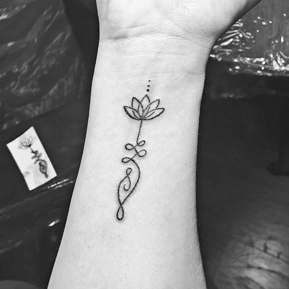Unalome tattoo with a lotus on the wrist, symbolizing spiritual growth, enlightenment, and the journey toward inner peace.