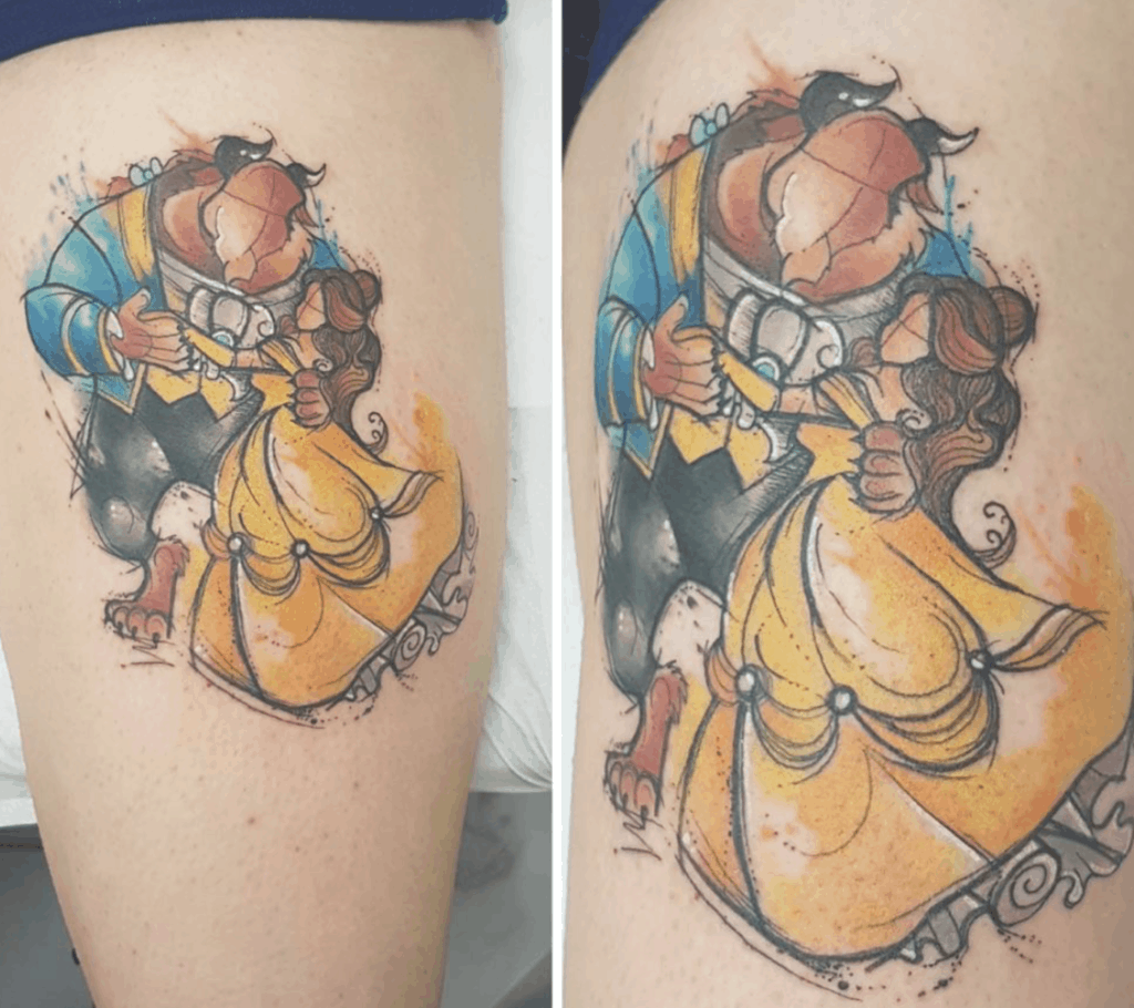 Artistic watercolor-style tattoo of Belle and the Beast dancing, featuring sketch-like lines, bold shading, and vibrant blue and yellow hues.